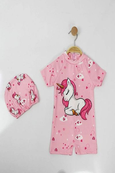 PODİUM GİYİM New Season Kids Girls Unicorn Printed Bonneted Quick Dry Swimsuit Set