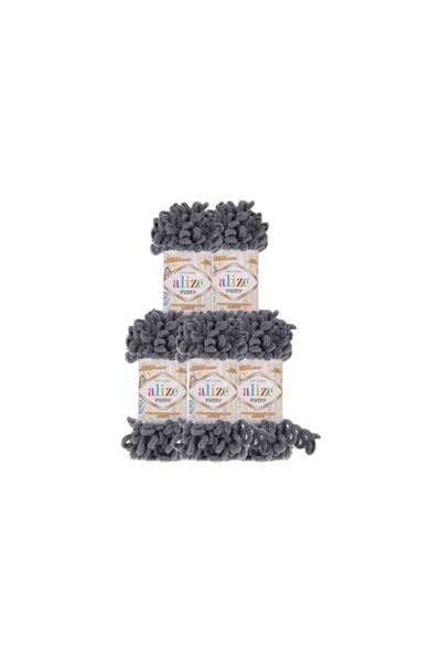 Alize Puffy 5 Pieces Dark Gray (Charcoal Gray) Hand Knitted Baby Blanket Knit...