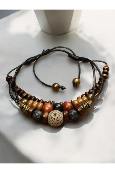 DEHNA Wooden and Metal Bead Combination 3 Piece Casual Bracelet