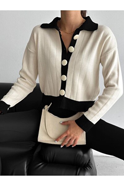 NATUFIAN STORE سترة نسائية محبوكة ذات لونين بياقة بولو وأزرار كبسولة