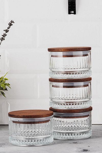 LUX ET AMOR Vella 4-Piece Wooden Vacuumed Glass Breakfast Multi-Purpose Glass Snack Bowl with Lid 235 ml