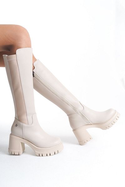 SEEM & BE Elsa Beige Damenstiefel – elastischer Stretch, klobiger Absatz und Reißverschluss