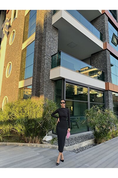 FGKBOUTİQUE Siyah Uzun Drapeli Elbise