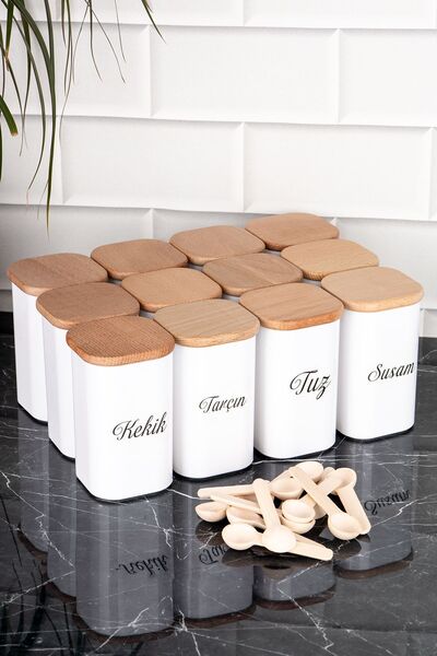 DNS HOME 12 Pieces 250 ml Vacuumed Bamboo Wooden Lid Porcelain Look Acrylic Spice Bowl with Label Gift