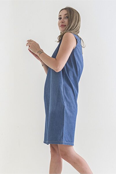 Bold & Young Kadın Cepli Yıkanmış Pamuklu Mavi Kot Elbise