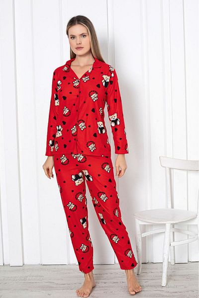 Farya Home Teddy Bear Patterned Dreamy Cotton Suede Long Sleeve Shirt and Pajama Set