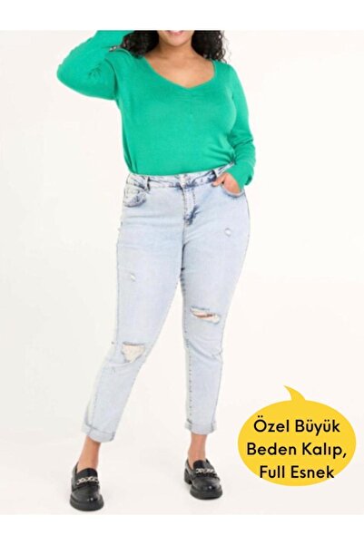 Elegant Büyük Beden Likralı, Ithal, Yüksel Bel Eskitme Jean