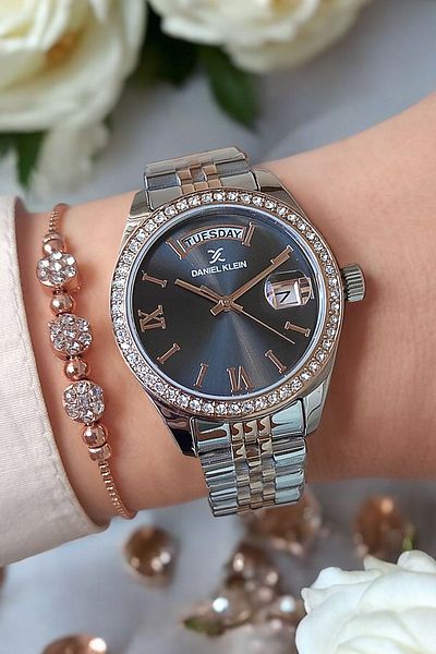 Daniel Klein 33 mm Jubilee Bracelet - Rose/Metallic Smoke, Dial Calendar Wrist Watch and Jewelled Bracelet Gift