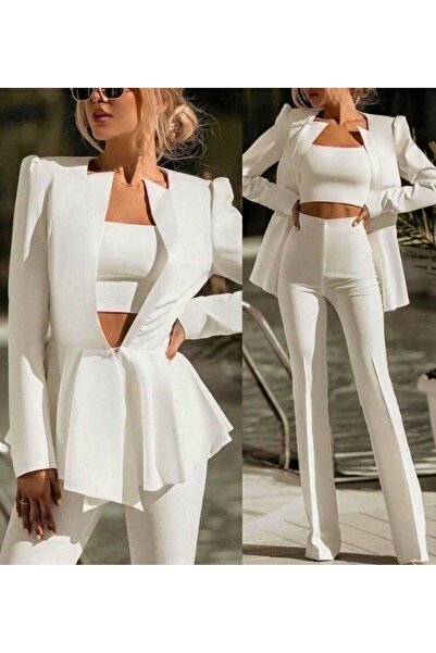 MARE BUTİK Dalgıç Kumaş Beyaz İçi Astarlı Büstiyer Ceket Pantolon Üçlü Klasik Takım Elbise