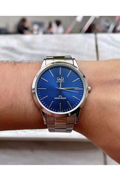 Q&Q Men's Silver Stainless Steel Quartz Watch - Blue Dial, Stylish and Durable