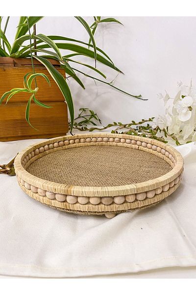 homeyandlovey صينية خشبية صغيرة مطرزة 25 سم من الخوص الطبيعي الرافية/الجوت، صينية ديكور، حمام، منزل، صينية ديكور