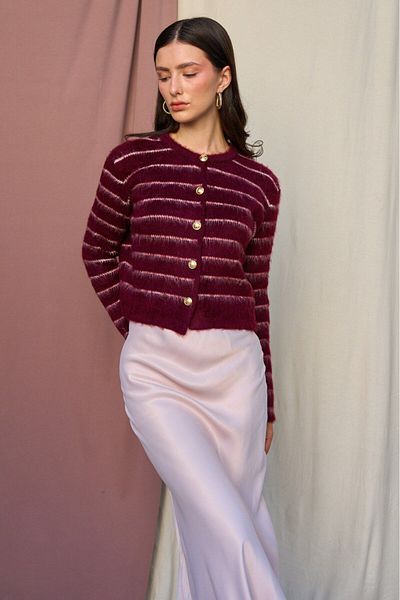 Zey Studio Claret Red Cream Striped - Women's Cardigan Jacket with Crew Neck and Gold Buttons
