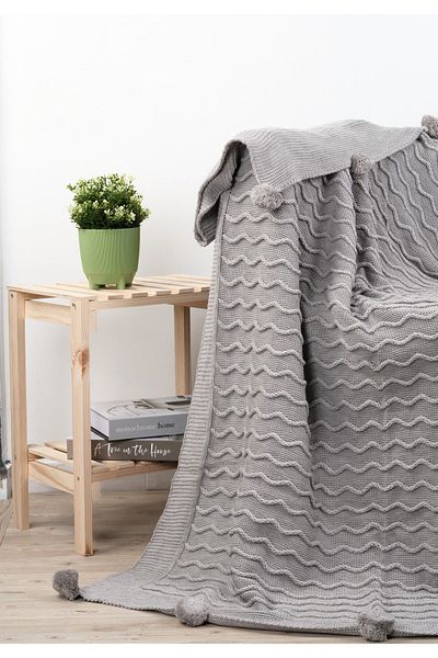 YGT Home Gray Knitwear Tv Blanket - 10 Pompom Tongues, 130X170 Leg Shawl, Sofa Shawl and Decor