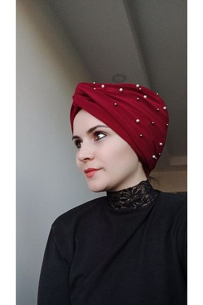 BAV Butik Ayvitrin بونيه نسائي ملفوف باللؤلؤ باللون الأحمر