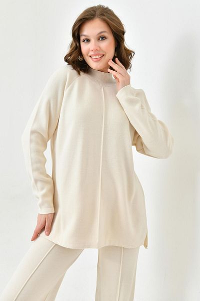 WOMAN VISION High Waist and Striped Sweater Women's Knitwear Set - Ecru 1070