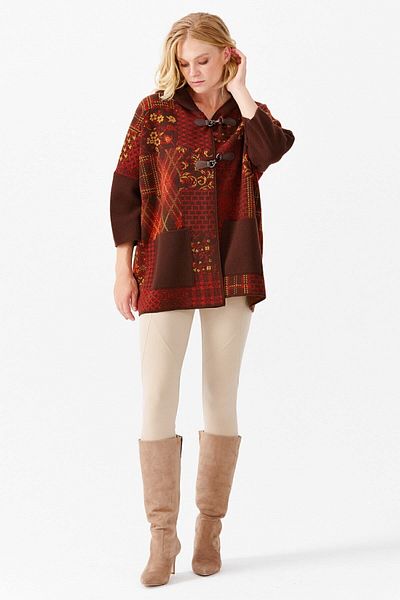 Desen Triko Women's Hooded Patchwork Houndstooth Patterned Tri-Colored Poncho M.brown