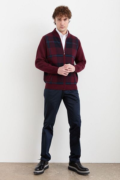 Desen Triko Men's Chief Collar Checked Pique Woven Coat Claret Red