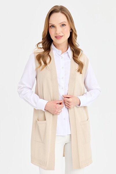 Desen Triko Women's Openwork Thin Knitwear Vest with Back and Skirt Beige