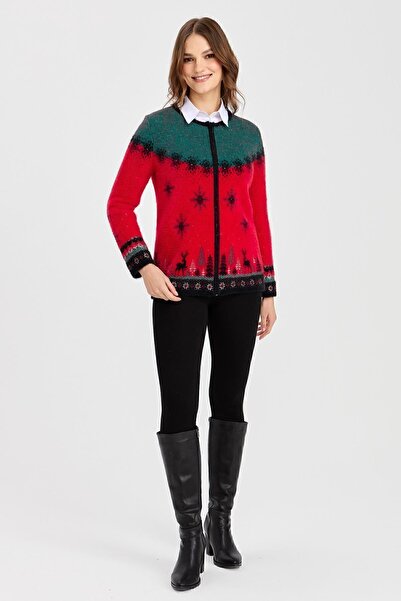 Desen Triko Women's Zero Collar New Year Patterned Cardigan S.Red