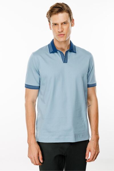 Desen Triko Μπλε ανδρικό μπλουζάκι με ριγέ γιακά πόλο