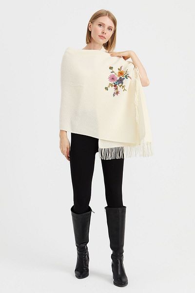 Desen Triko Women's Knitwear Brass Knit Embroidered Wool Shawl Bone