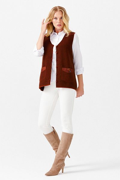 Desen Triko Women's V-Neck Shoulder Pocket Cover Felt Embroidered Buttoned Vest Bottom