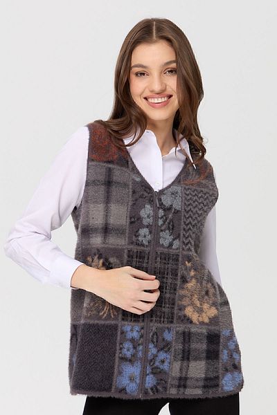 Desen Triko Women's V-Neck Patchwork Vest Anthracite