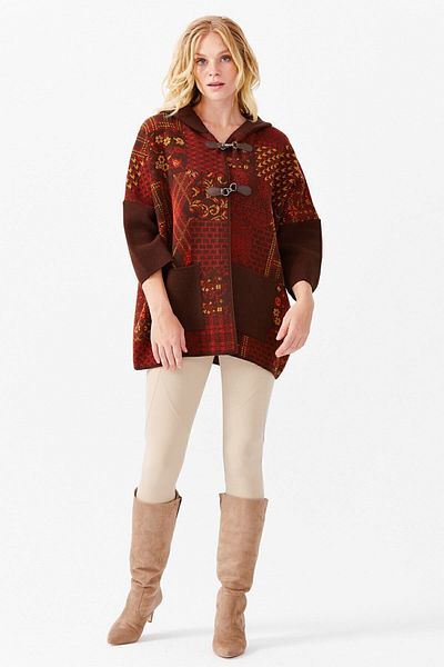Desen Triko Women's Hooded Patchwork Houndstooth Patterned Tri-Colored Poncho M.brown