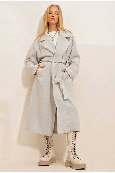 OlaLady Dlouhý dámský kašmírový kabát se vzorem Houndstooth - s páskem