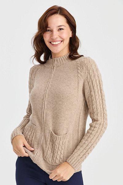 Desen Triko Cardigan de lână tricotat de păr, cu guler înalt, buzunar și mâneci, roșu bej