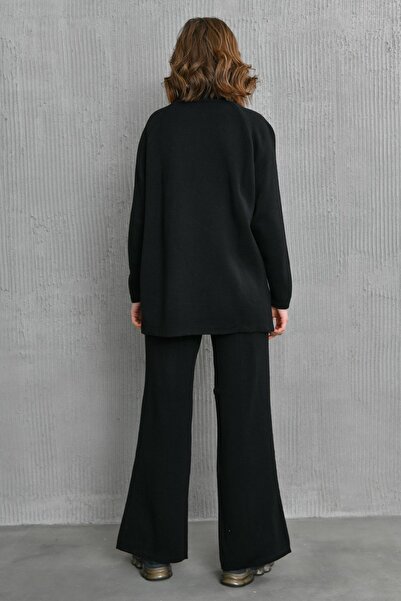 barış sülün lovebox Rugalmas kötöttáru állvány gallér hosszú ujjú fekete pulóver és magas derekú fekete nadrágkosztüm 1070