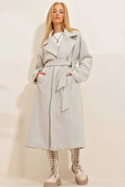 OlaLady Dlouhý dámský kašmírový kabát se vzorem Houndstooth - s páskem