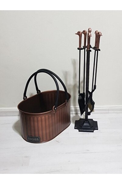 KOCHER Şömine Seti Antik Bakır Odun Kovası Sepeti Ve Maşa Seti