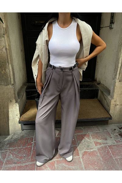 NameMe Gray Palazzo Trousers - Side Belt Detail