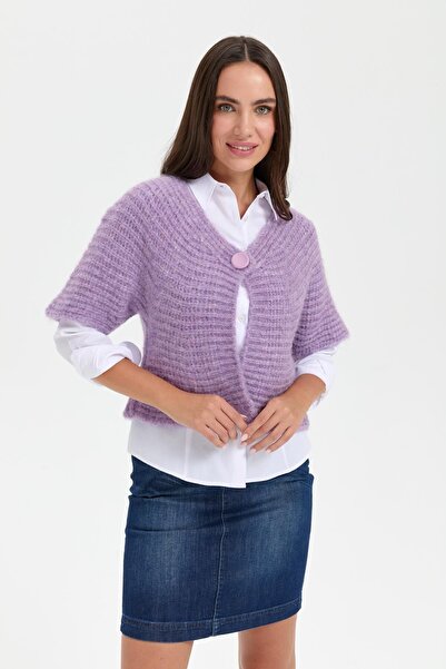 Desen Triko Lilac V-neck Single Button Women's Vest