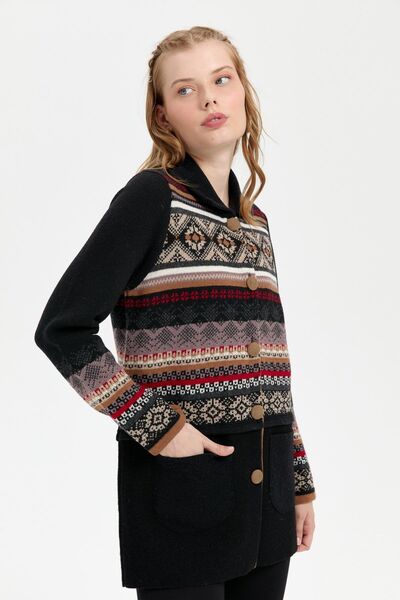 Desen Triko Polo Neck Felted Wool Cardigan - Women's Black Araboy