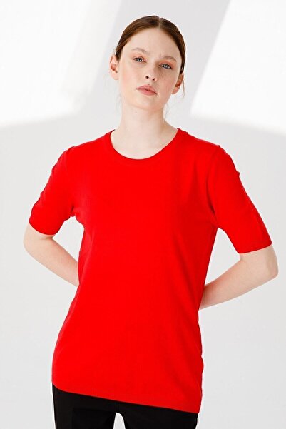 Desen Triko Women's Lycra Short Sleeve Crew Neck Plain Blouse Coral