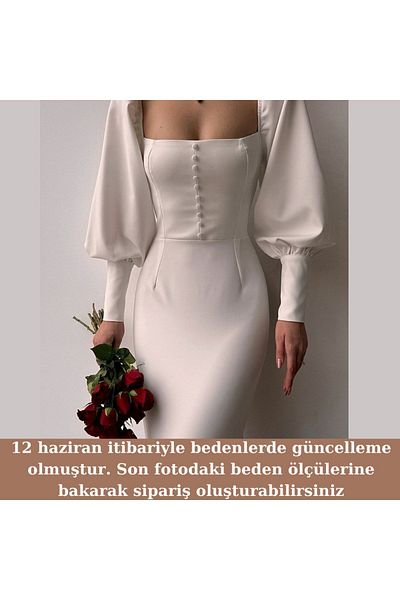 OlaLady Button Detailed Midi Pencil Dress Ecru