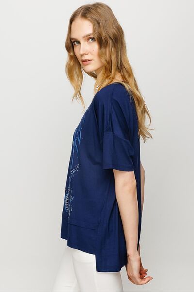 Desen Triko Women's Crew Neck Front Mesh Printed Combed Cotton T-shirt Navy Blue