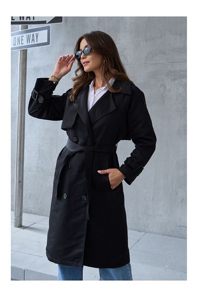 Elif Özbey Butik Double Breasted Cut Black Trench Coat - Belt Detailed