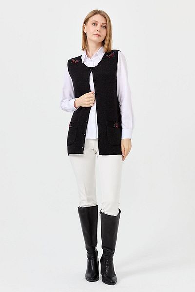 Desen Triko Women's Zero Collar Shoulder Pocket Cover Felt Embroidered Buttoned Vest Black
