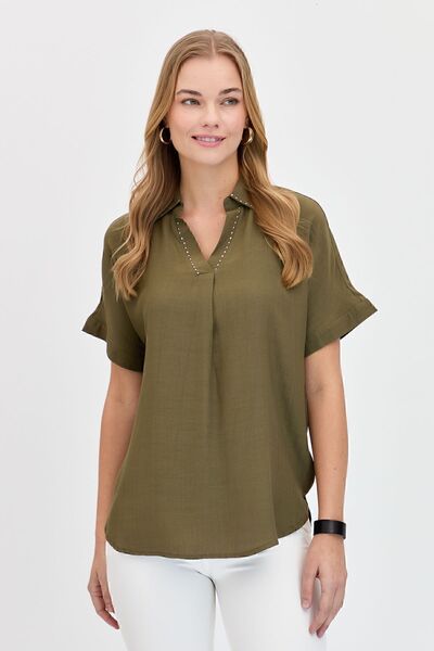 Desen Triko Women's Collar Stoned Maroken Shirt Khaki