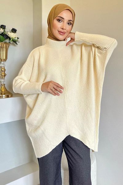 julude Asymmetrical Ecru Women's Knitwear Tunic - Casual Hijab Design
