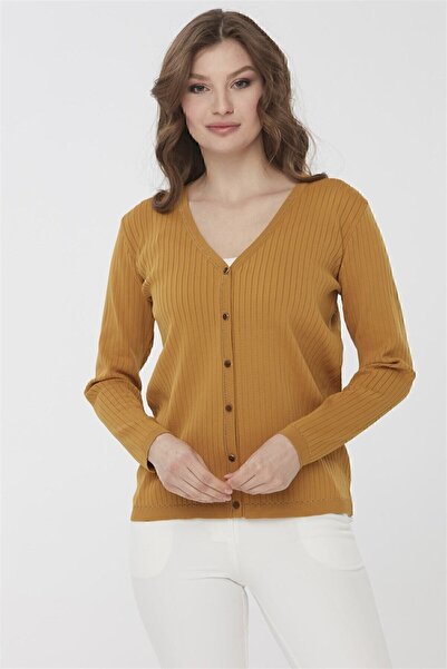 Desen Triko Kadın Simli Triko Yazlık Hırka Hardal