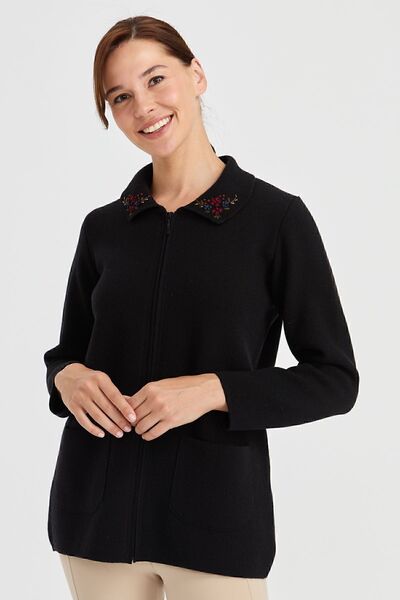 Desen Triko Cardigan de lână brodat din dantelă cu gât polo negru