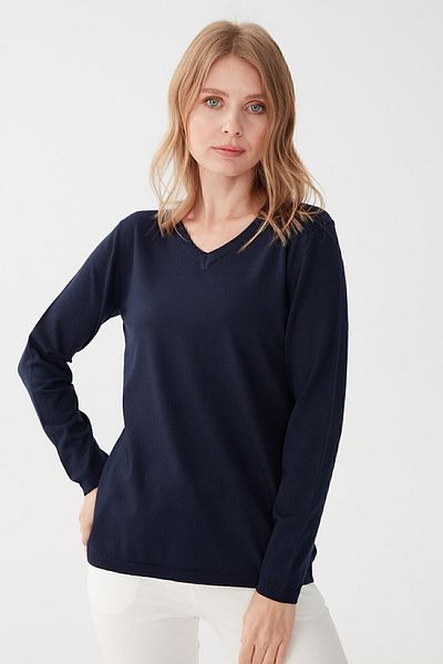 Desen Triko Women's Lycra Long Sleeve Basic V-Neck Blouse Dark Blue