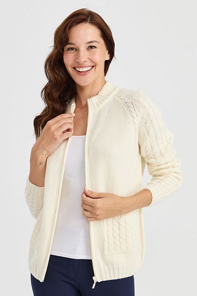 Desen Triko Women's Stand Collar Pocket and Sleeve Hair Knitted Wool Cardigan Bone