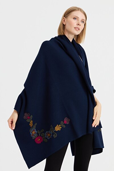 Desen Triko Women's Corners Embroidered Shawl Navy Blue