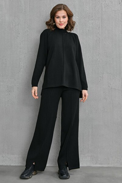 barış sülün lovebox Flexibilní úpletová tkanina Stojáček s dlouhým rukávem Černý svetr a vysoký pas Černý kalhotový oblek 1070