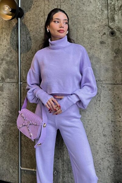 WOMAN VISION Lila kötött pulóver és magas derekú kötött nadrág - kézzel zárható garbó szett 015